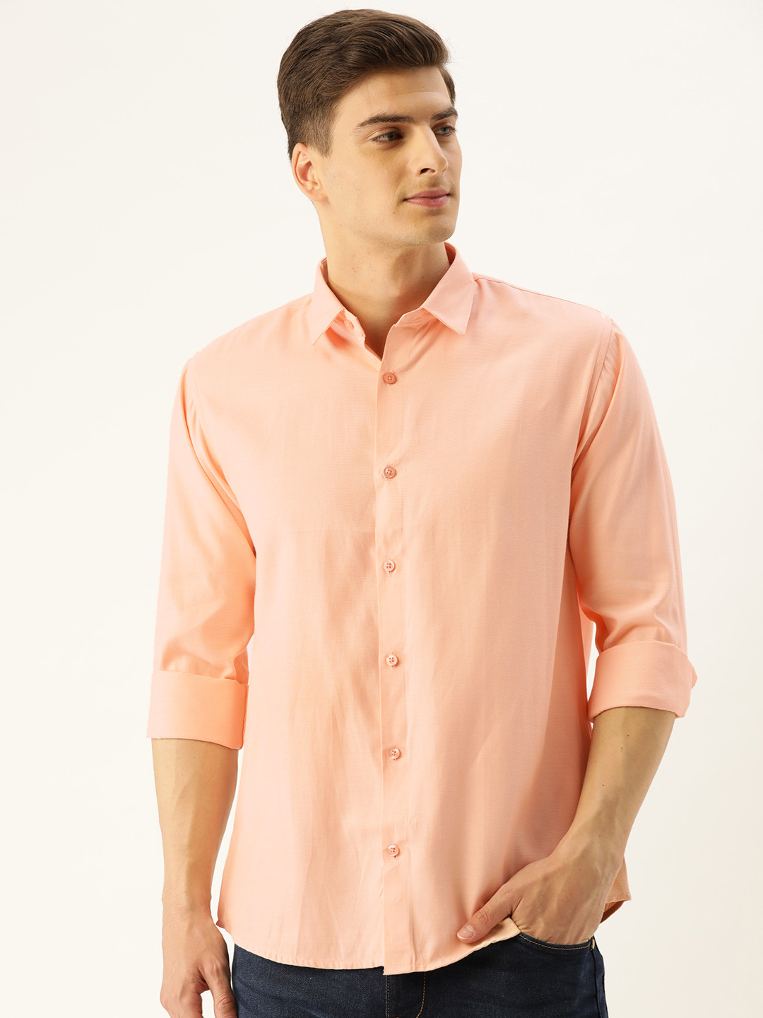 

SOJANYA Men Peach-Coloured Classic Regular Fit Textured Casual Shirt