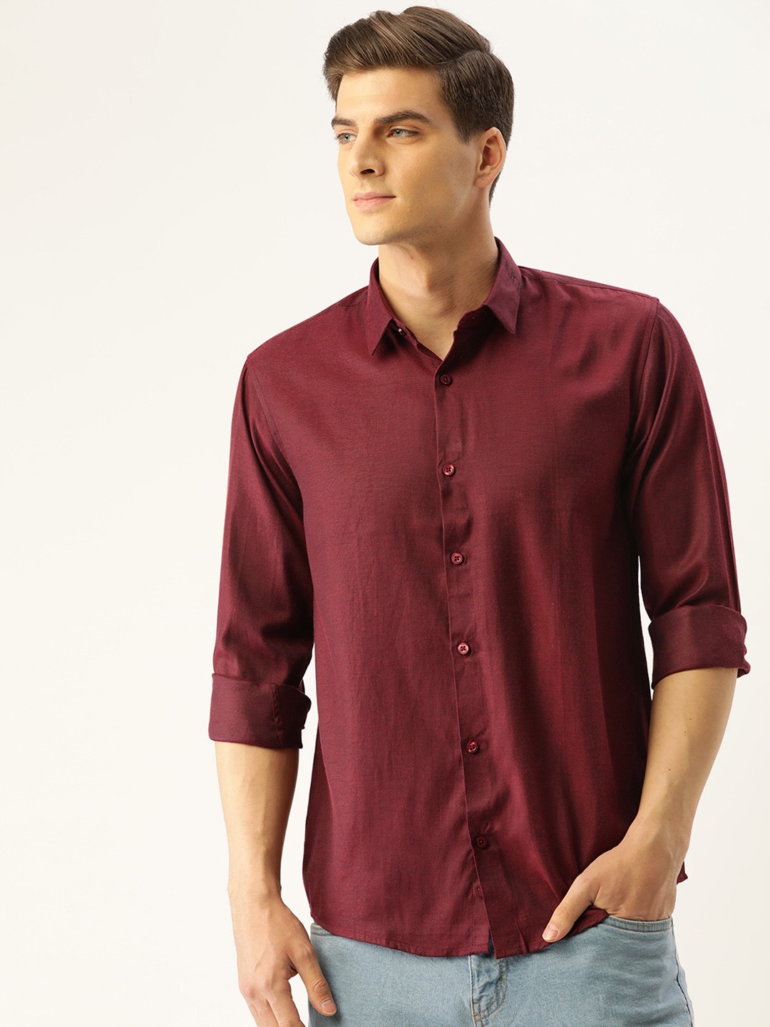 

SOJANYA Men Burgundy & Black Classic Regular Fit Self Design Casual Shirt