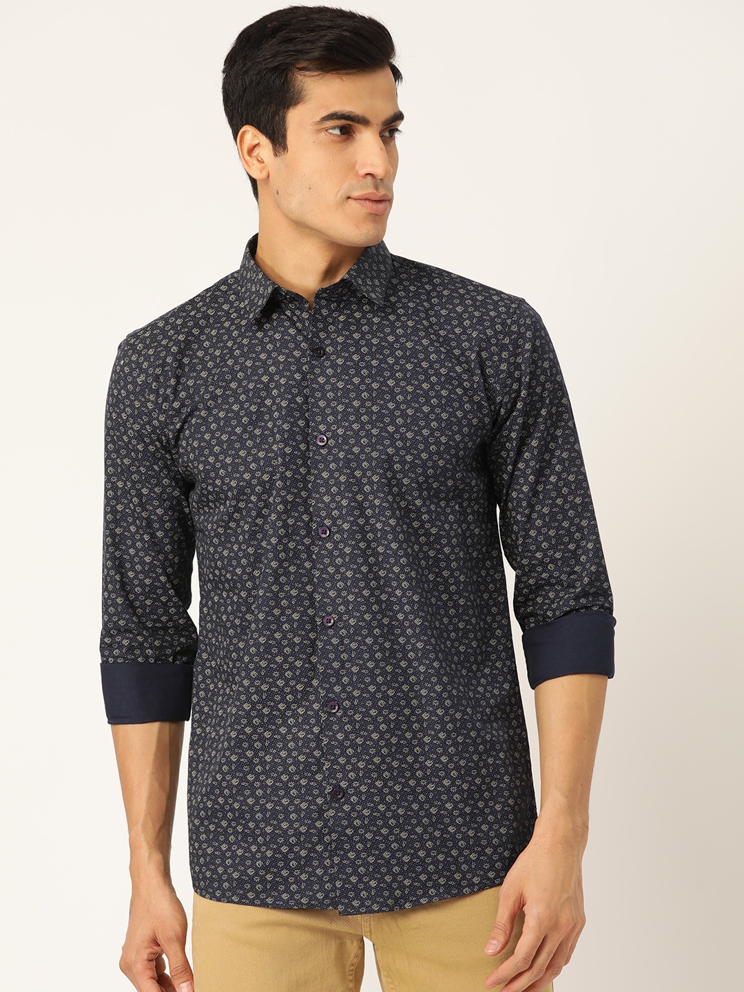 

SOJANYA Men Navy Blue & Beige Regular Fit Printed Casual Shirt