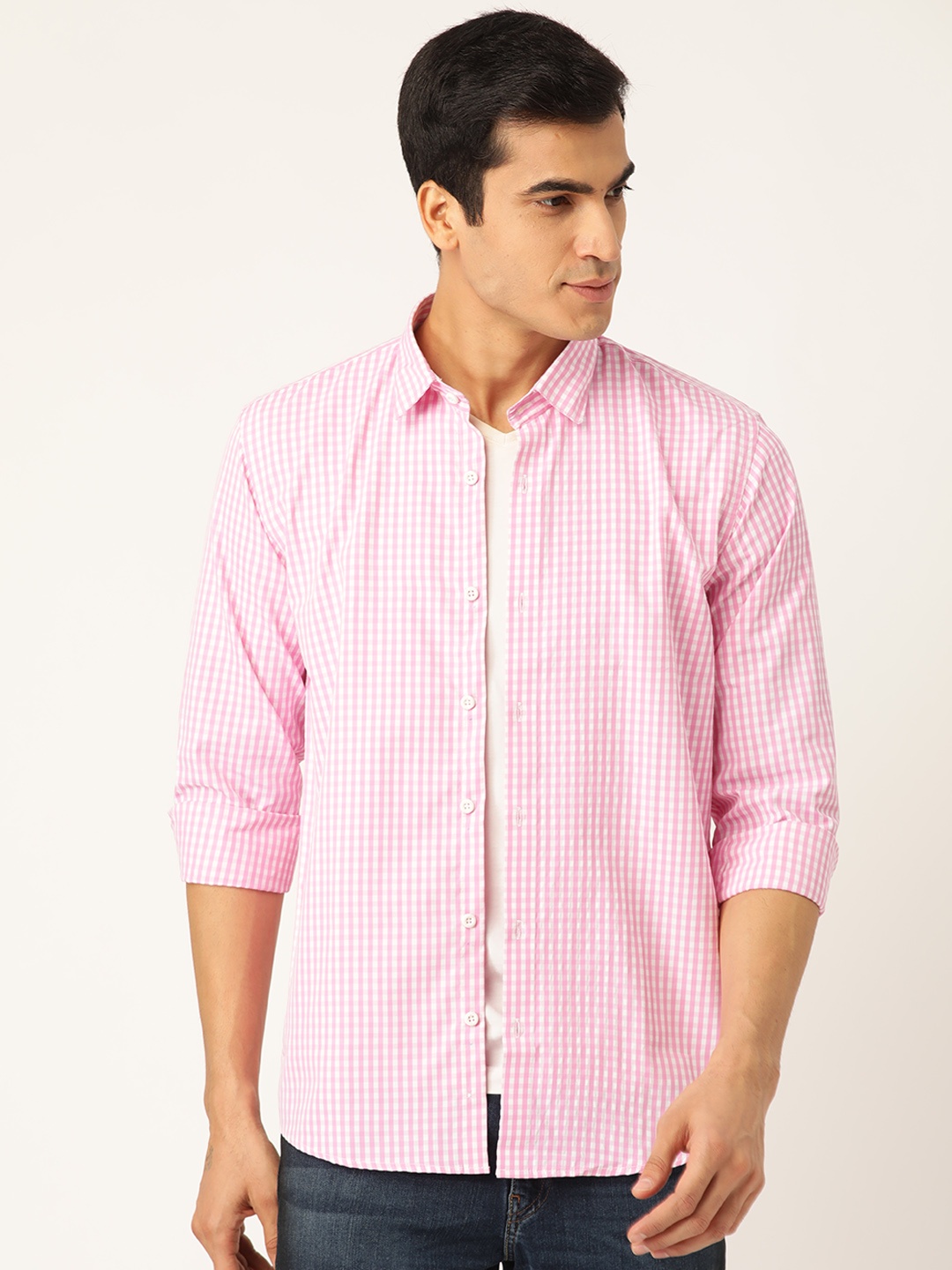 

SOJANYA Men Pink & White Classic Regular Fit Checked Casual Shirt