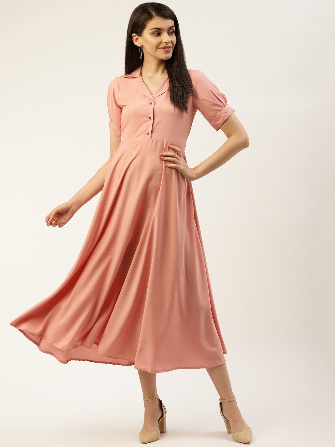 

U&F Women Peach-Coloured Solid Shirt Maxi Dress