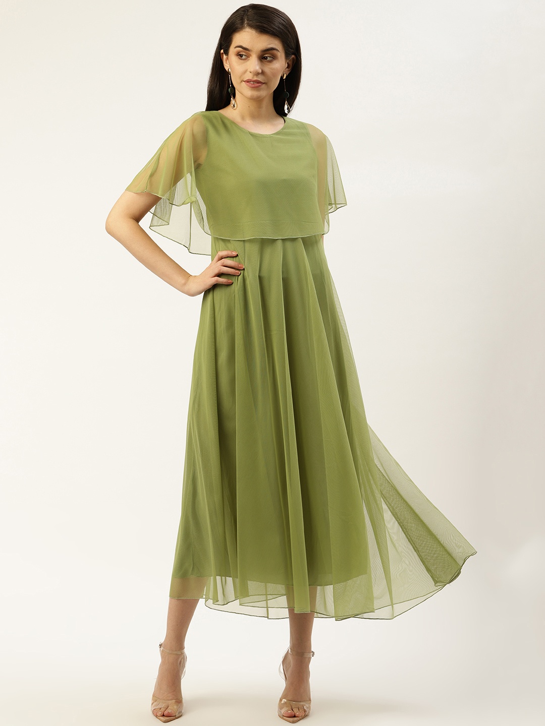 

U&F Women Olive Green Layered Solid Net Maxi Dress