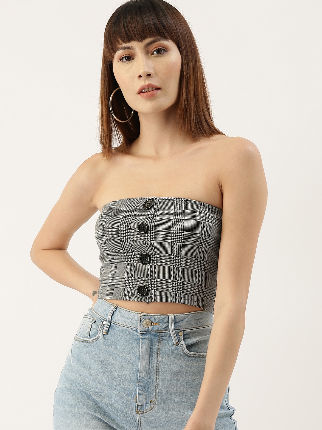 

FOREVER 21 Women Grey Checked Tube Top with Button Detail