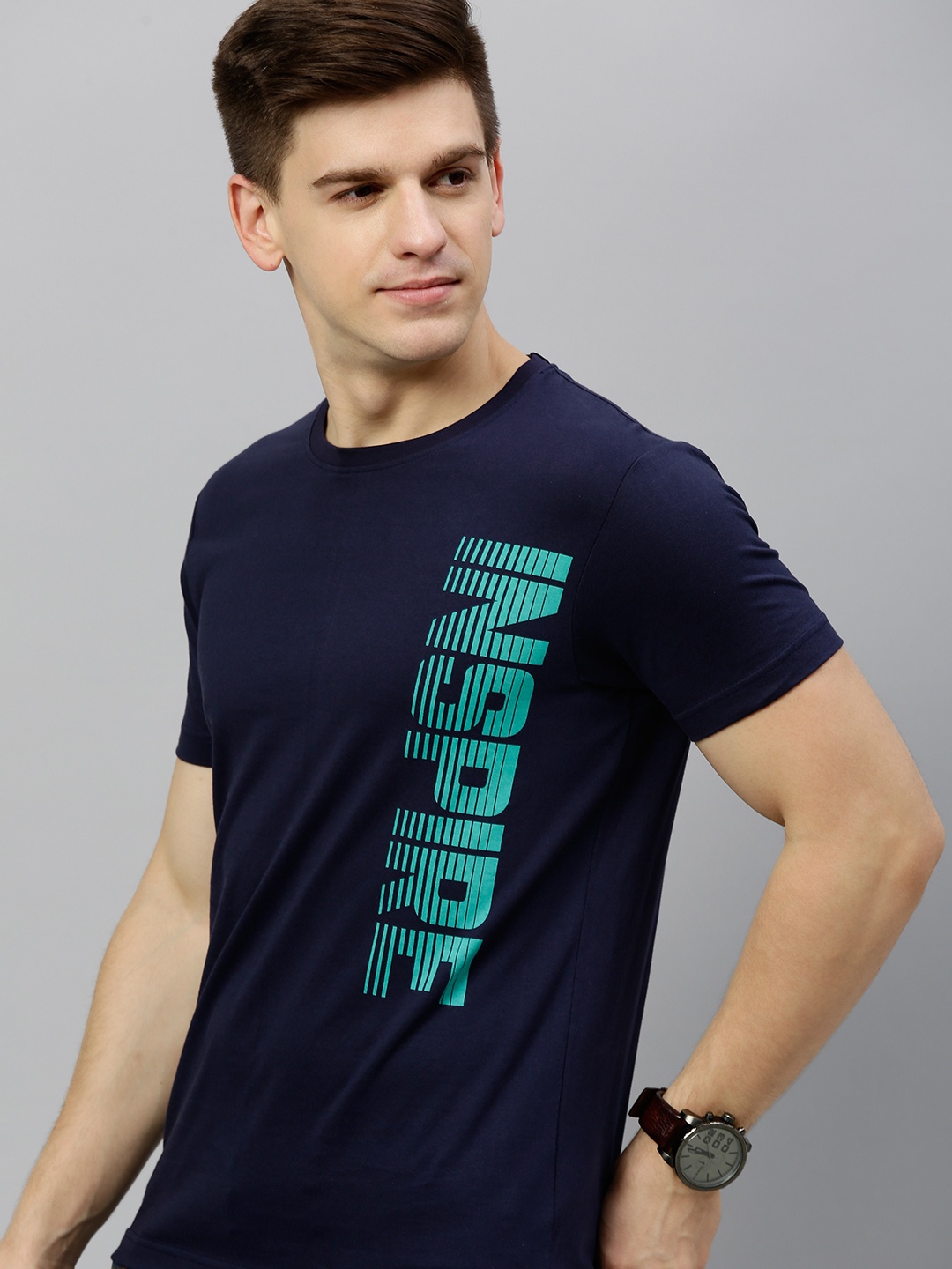 

HERE&NOW Men Navy Blue Printed Round Neck T-shirt