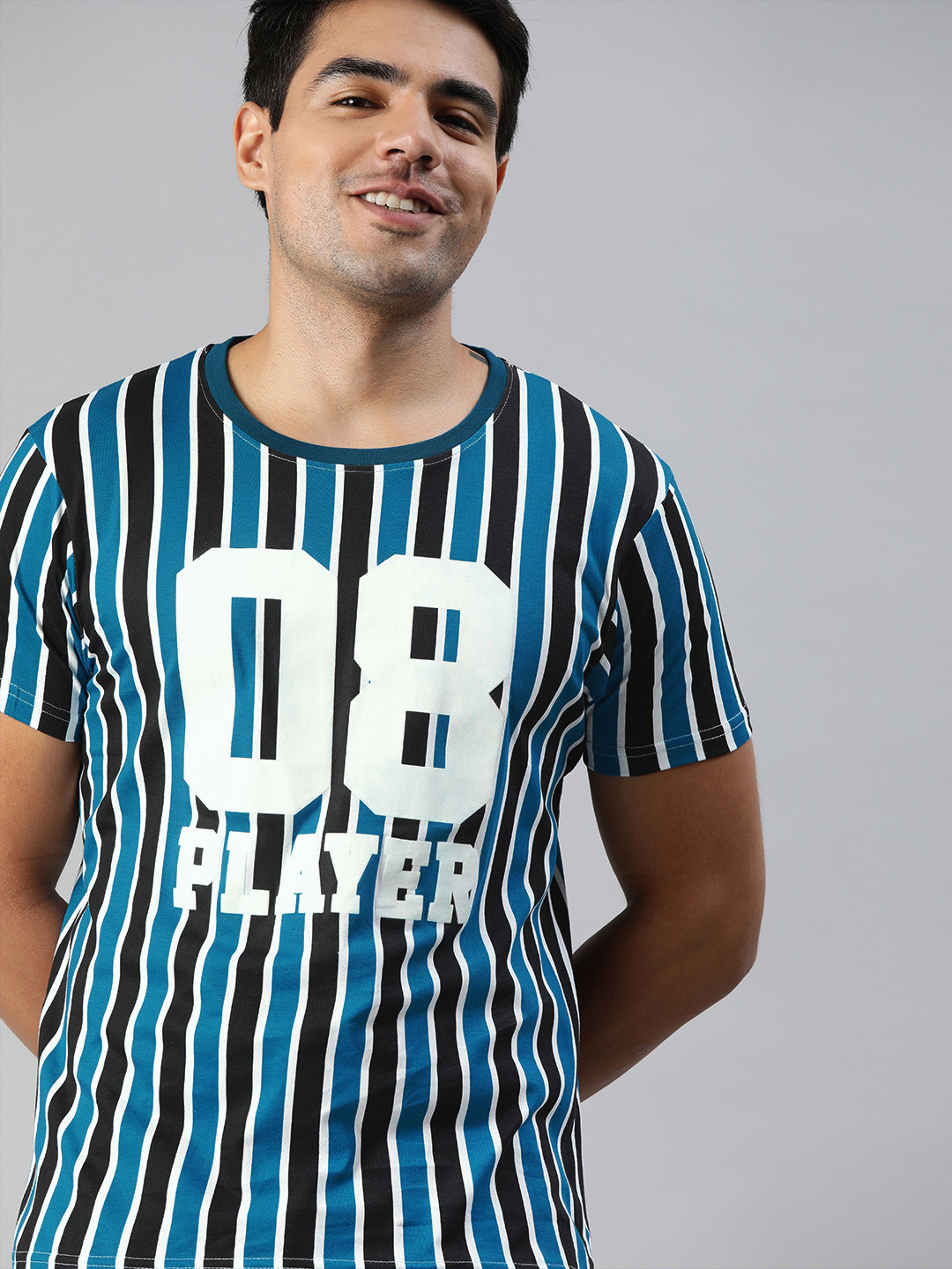 

HERENOW Men Teal Blue Black Striped Round Neck Pure Cotton T-shirt
