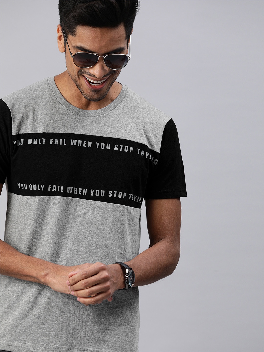 

HERENOW Men Grey Black Colourblocked Round Neck Pure Cotton T-shirt