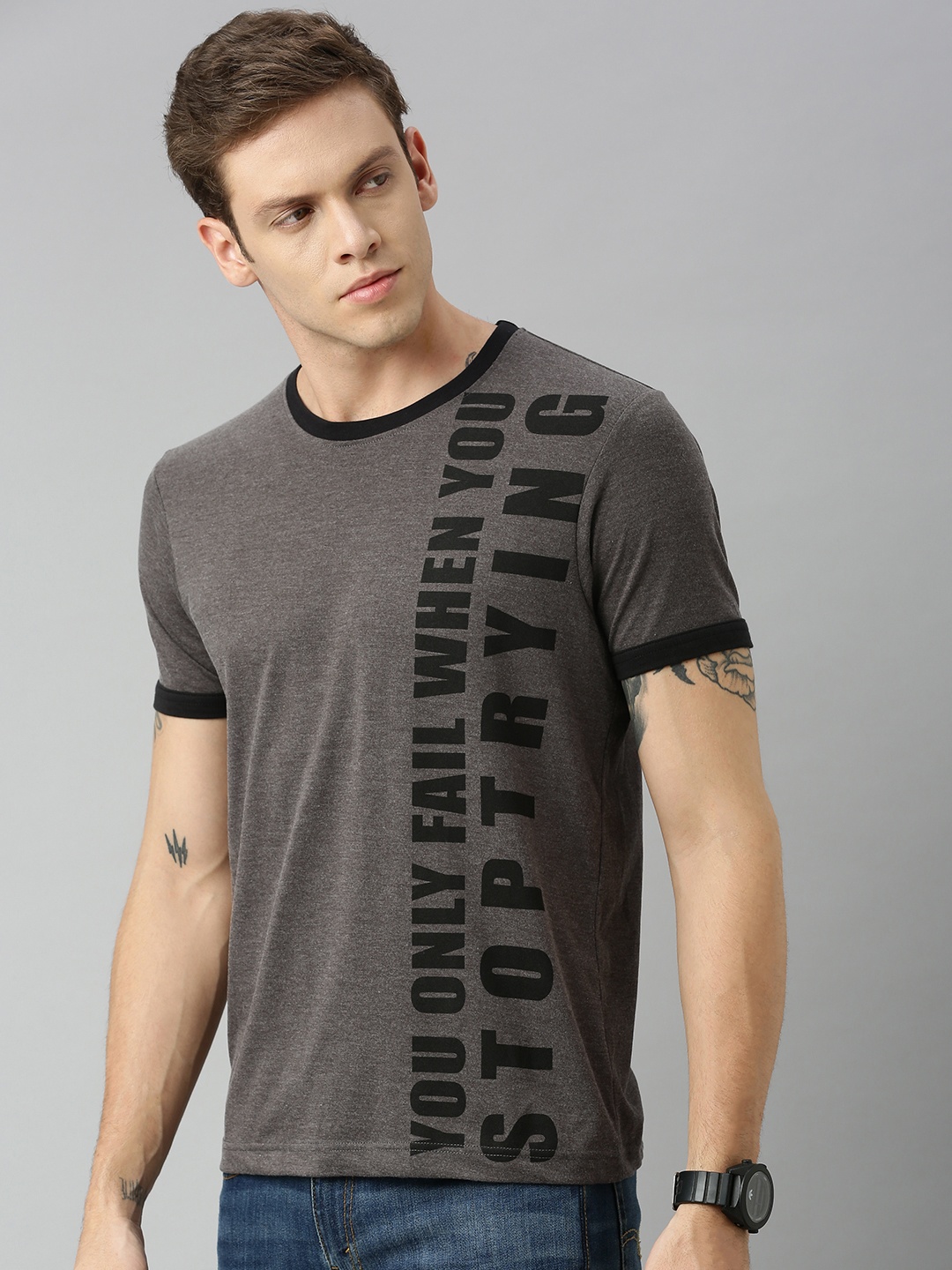 

HERE&NOW Men Charcoal Grey Printed Round Neck T-shirt