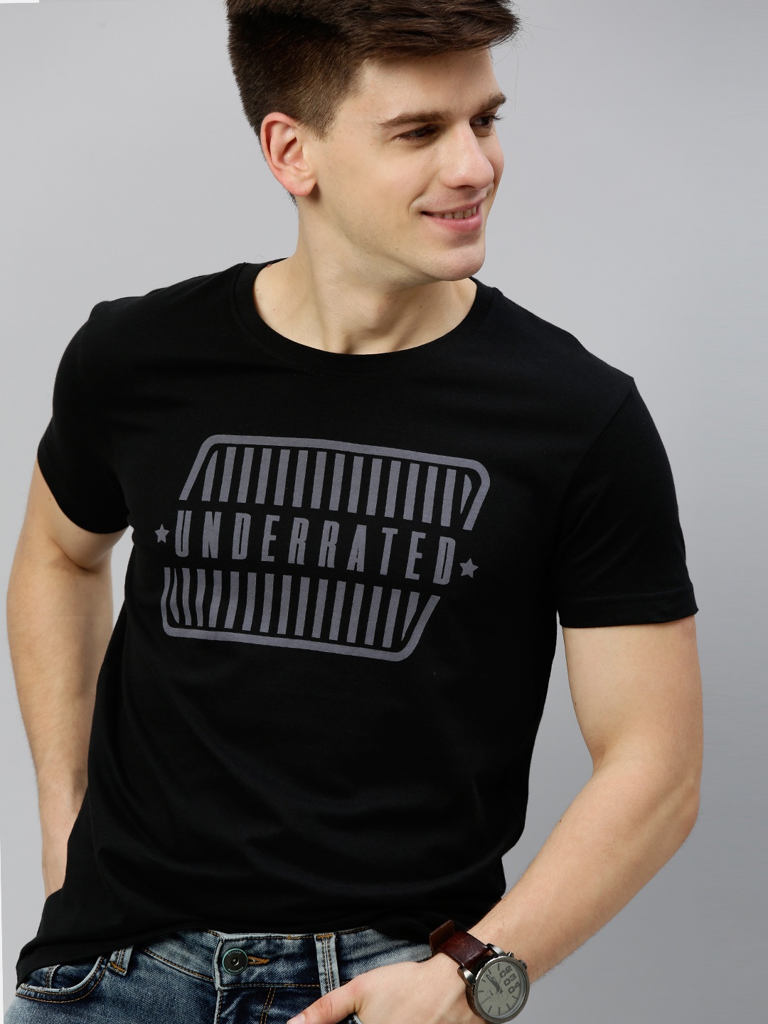 

HERE&NOW Men Black Printed Round Neck T-shirt