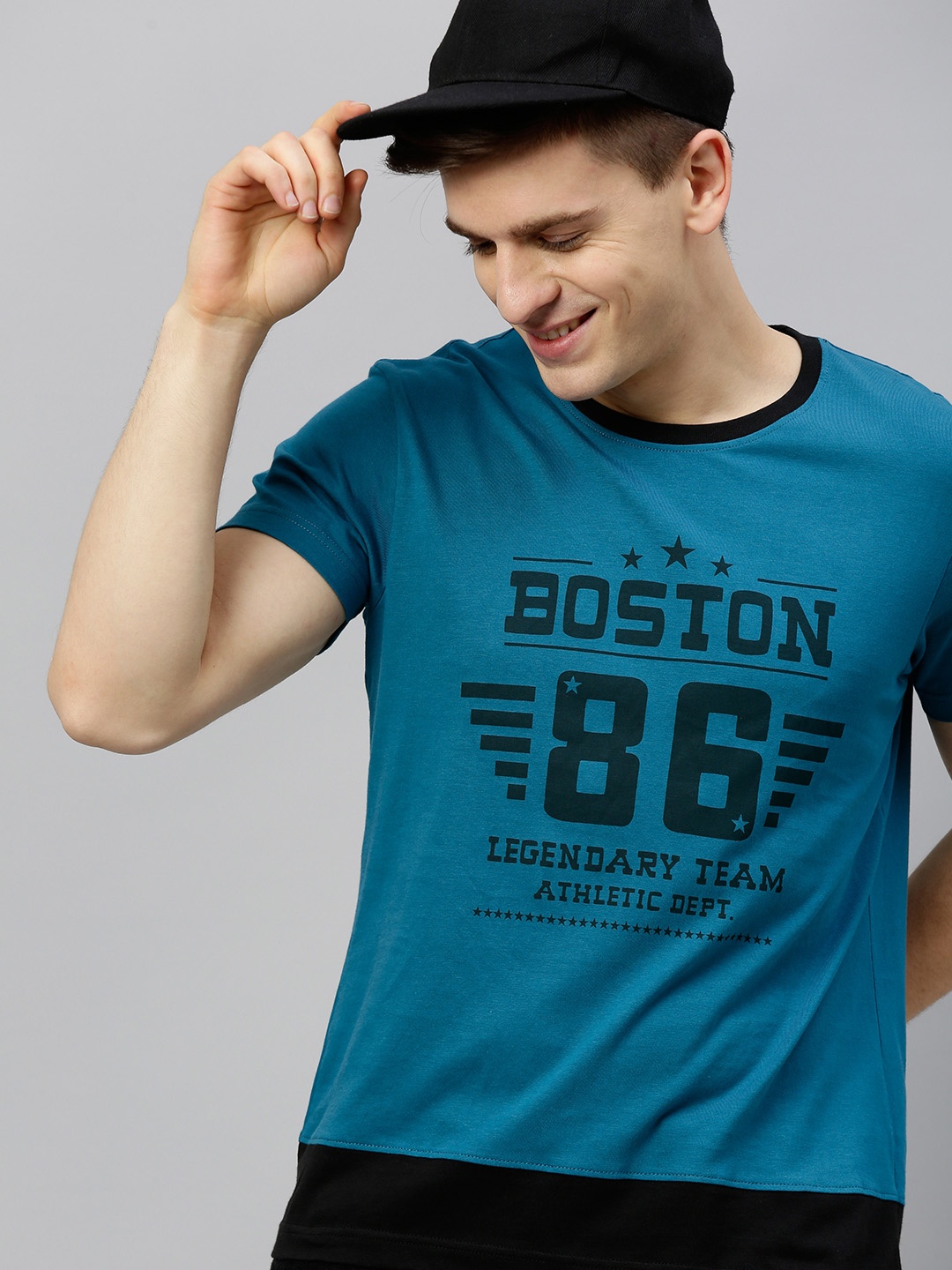 

HERE&NOW Men Teal Blue Printed Round Neck T-shirt