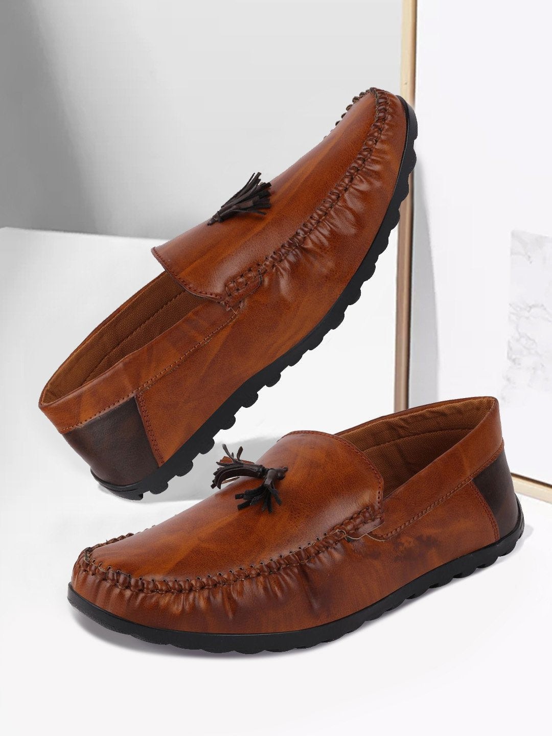 

FAUSTO Men Tan Brown Solid Tassel Loafers