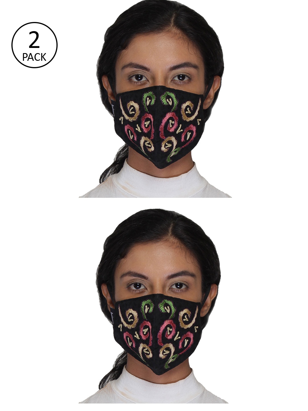 

Anekaant Women 2 Pcs Reusable 3-Ply Embroidered Fashion Cloth Masks, Black