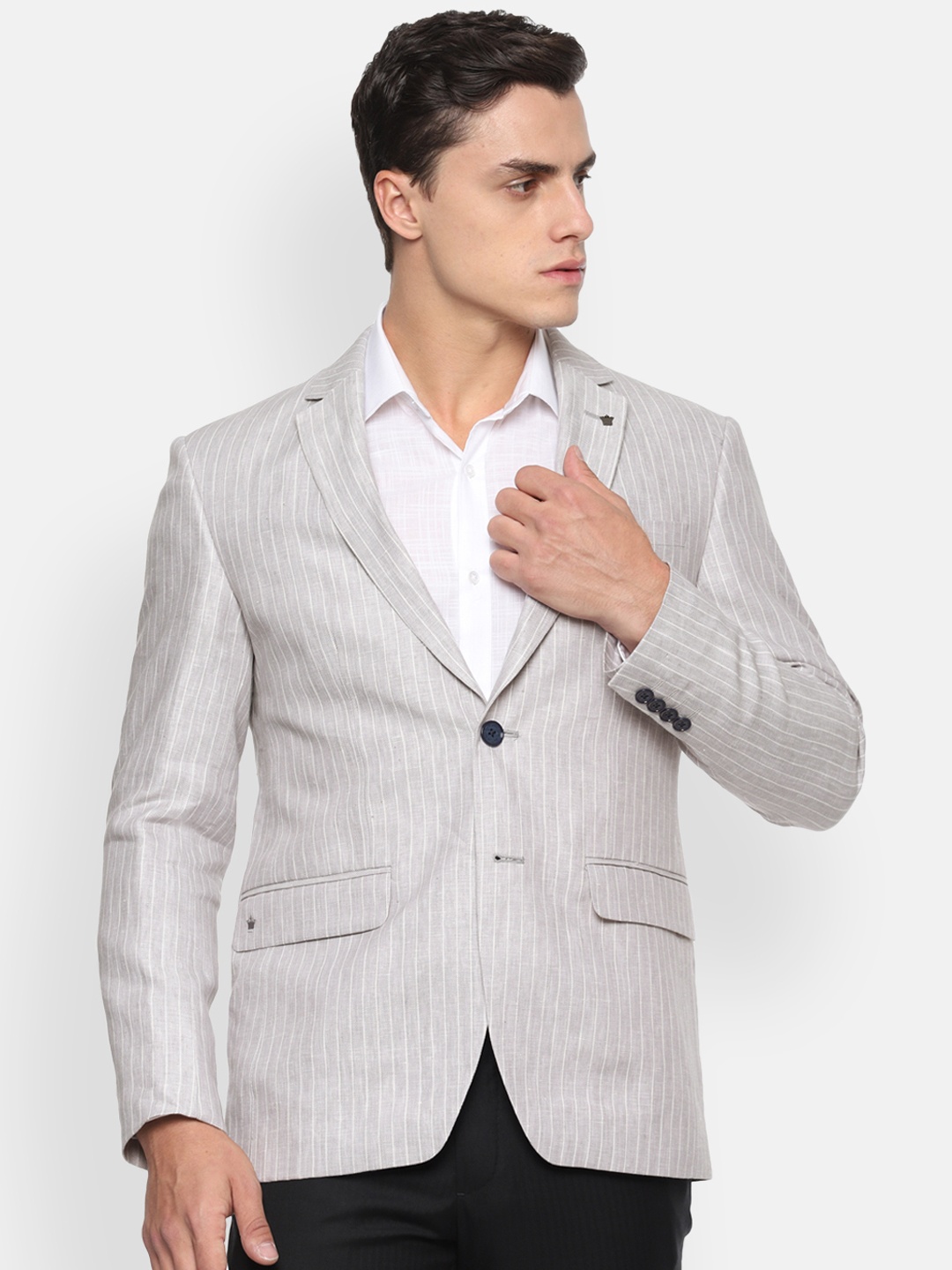 

Louis Philippe Men Grey Striped Slim-Fit Single-Breasted Formal Pure Linen Blazer