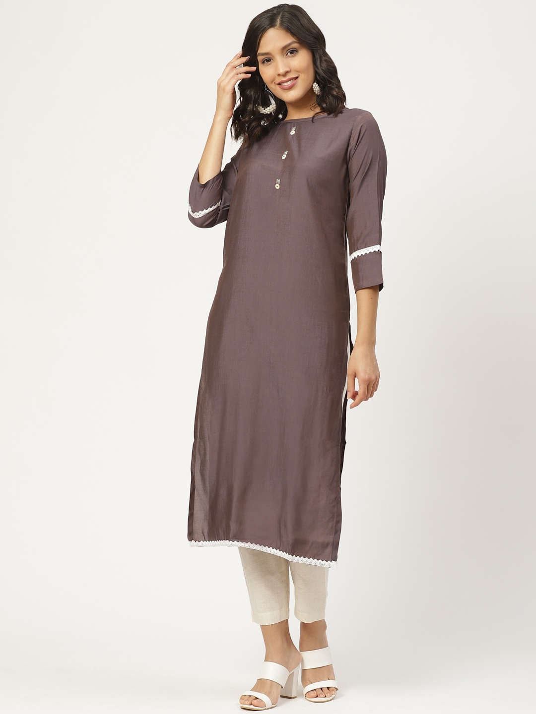 

shiloh Women Charcoal Grey & Off-White Solid Kurta with Trousers