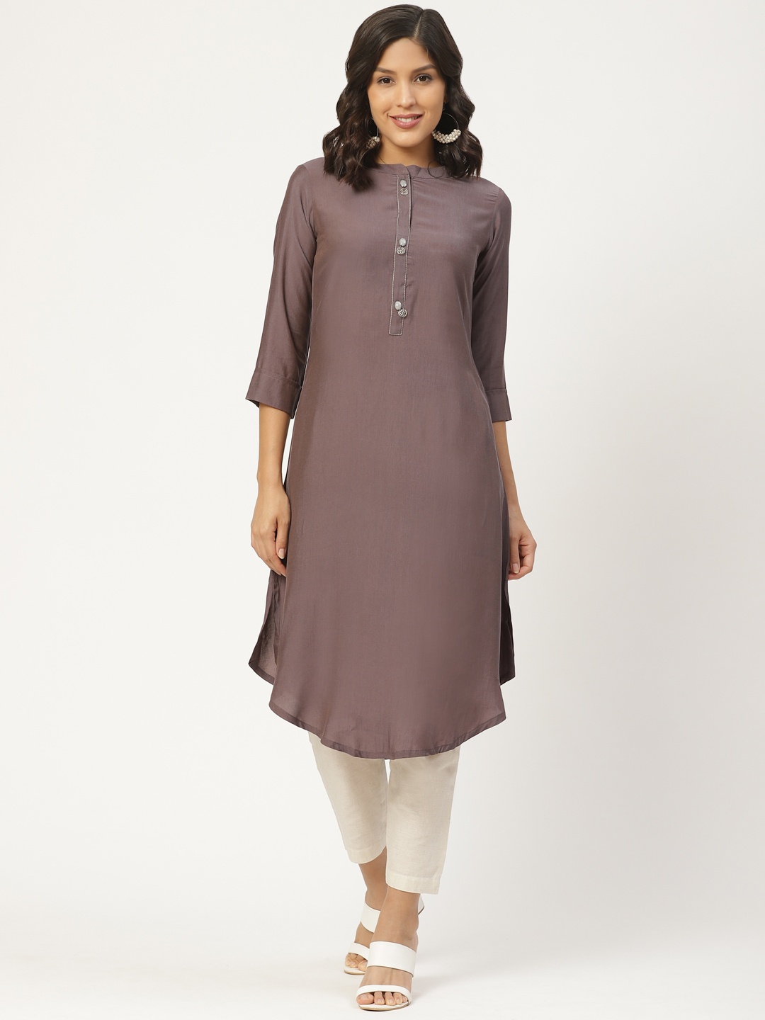 

shiloh Women Charcoal Grey & Off-White Solid Kurta with Trousers