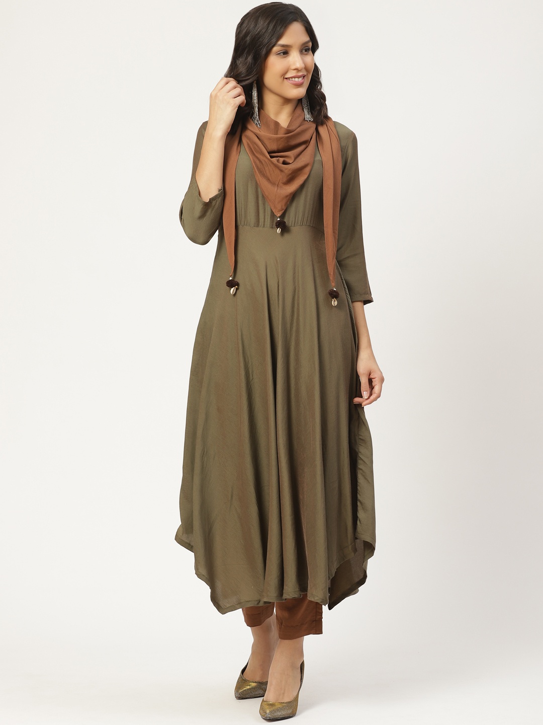 

shiloh Women Olive Green & Brown Solid Asymmetric Kurta Set With Stole