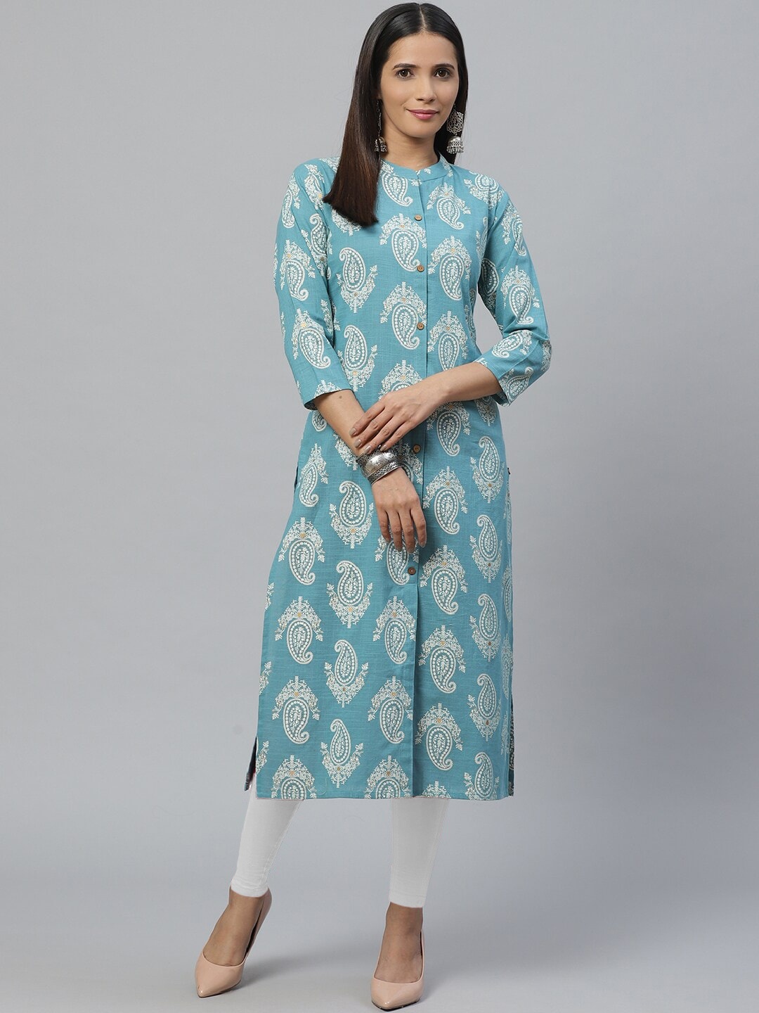 

KSUT Women Teal Blue & Off-White Khari Print Straight Kurta
