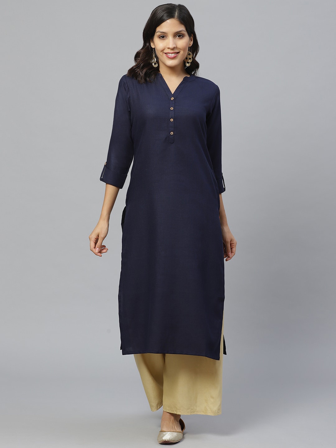 

KSUT Women Navy Blue Solid Straight Kurta