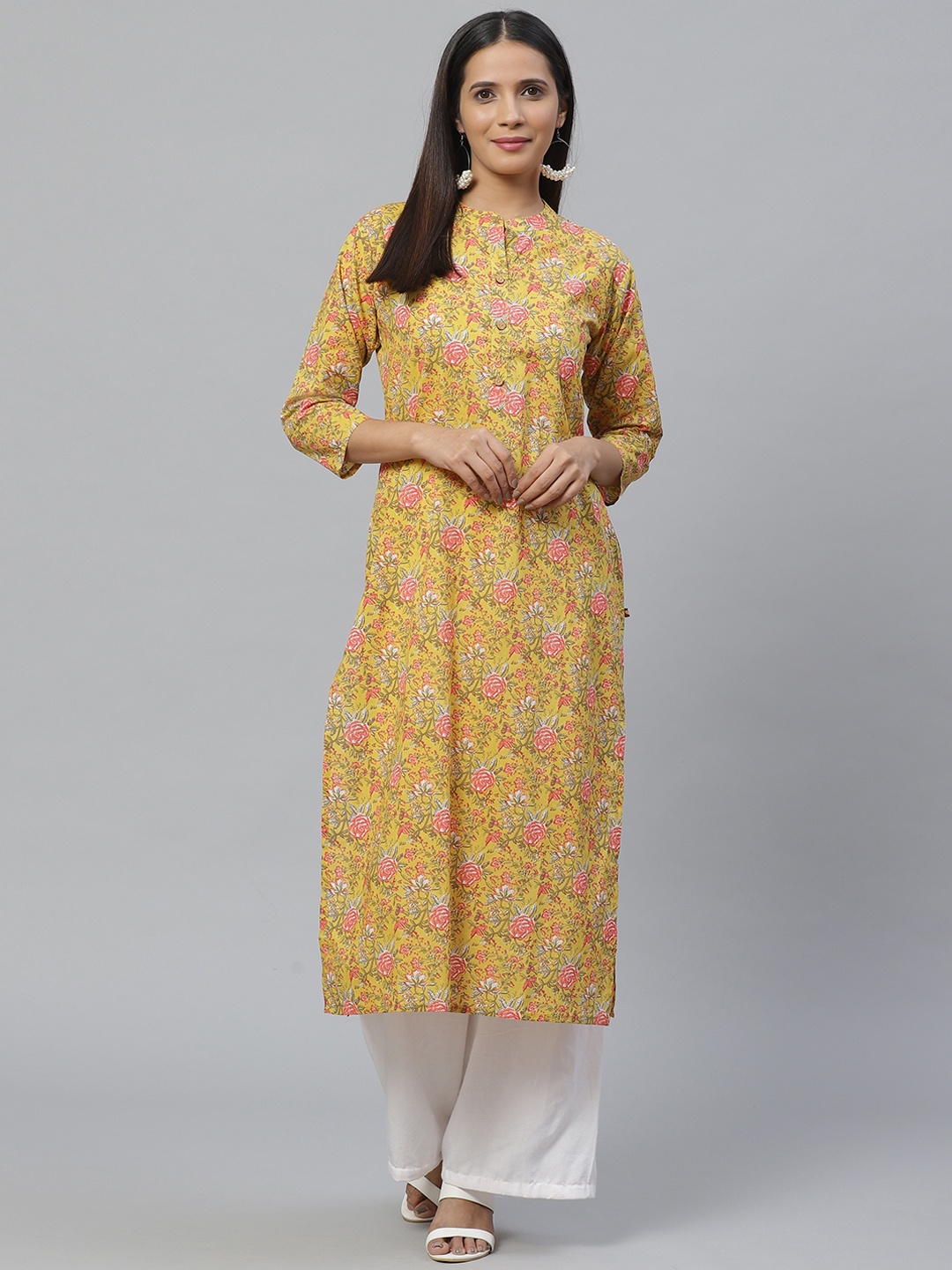 

KSUT Women Mustard Yellow & Pink Printed Straight Kurta