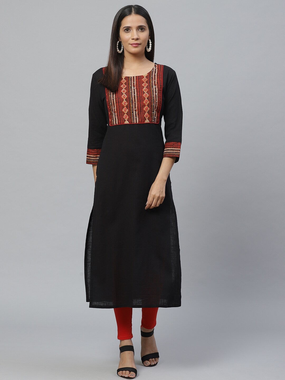 

KSUT Women Black & Red Yoke Design Straight Kurta