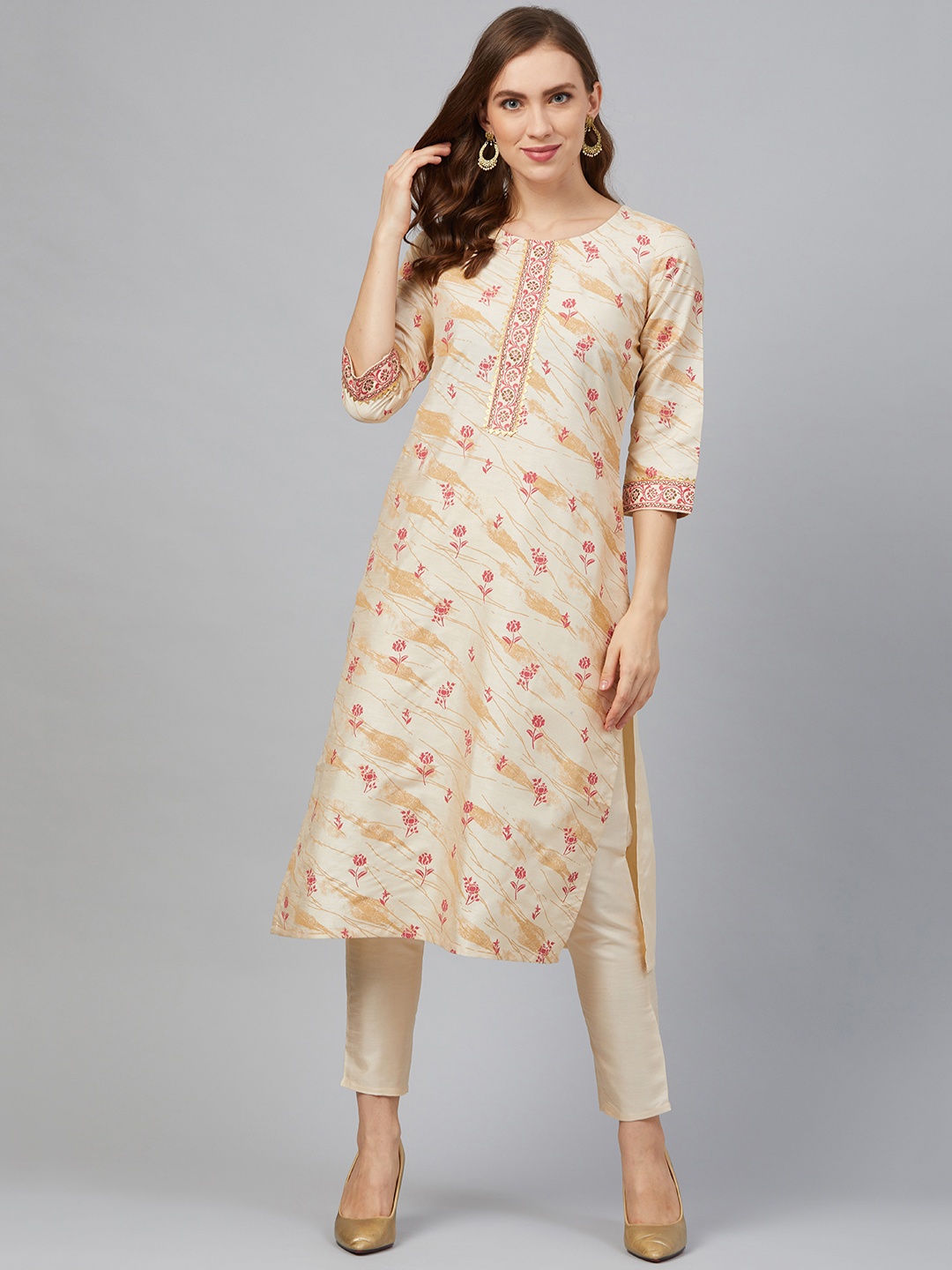 

ZIYAA Women Beige & Pink Floral Khari Print Straight Kurta with Trousers