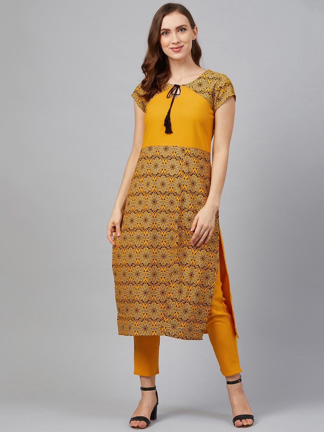 

ZIYAA Women Mustard Yellow & Black Khari Print Straight Kurta with Trousers