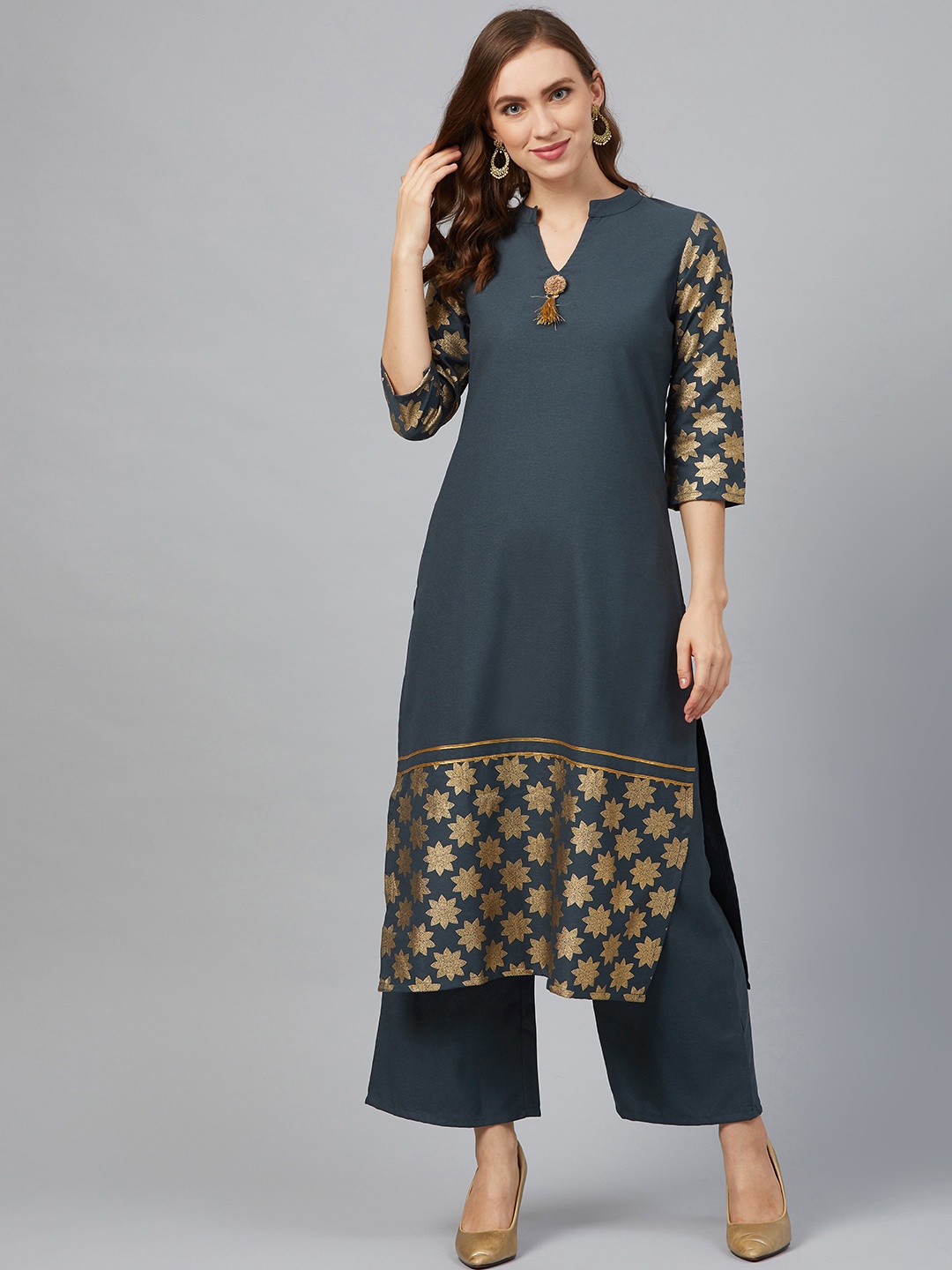

ZIYAA Women Charcoal Grey & Golden Foil Print Kurta with Palazzos