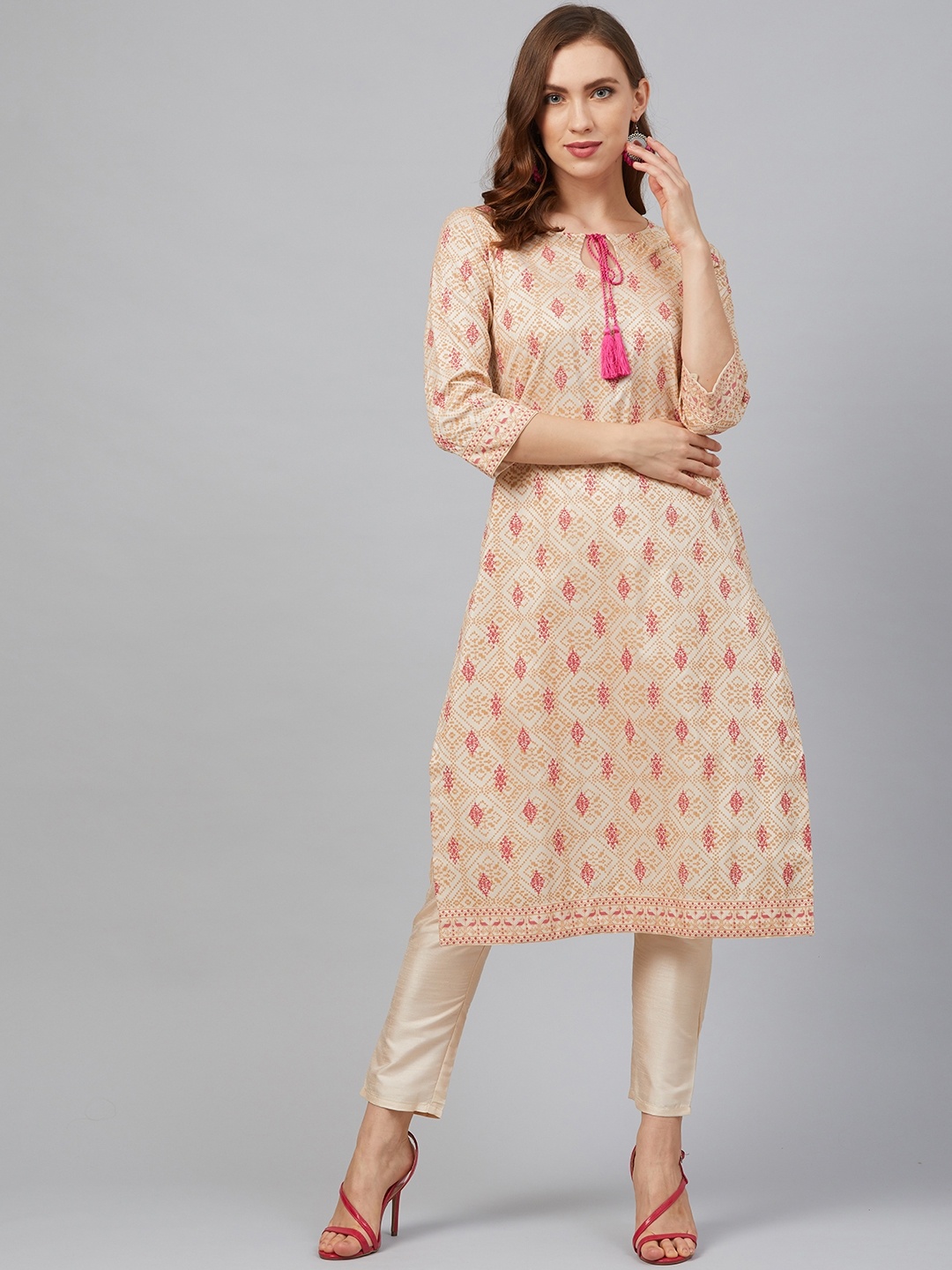 

ZIYAA Women Beige & Pink Khari Print Kurta with Trousers