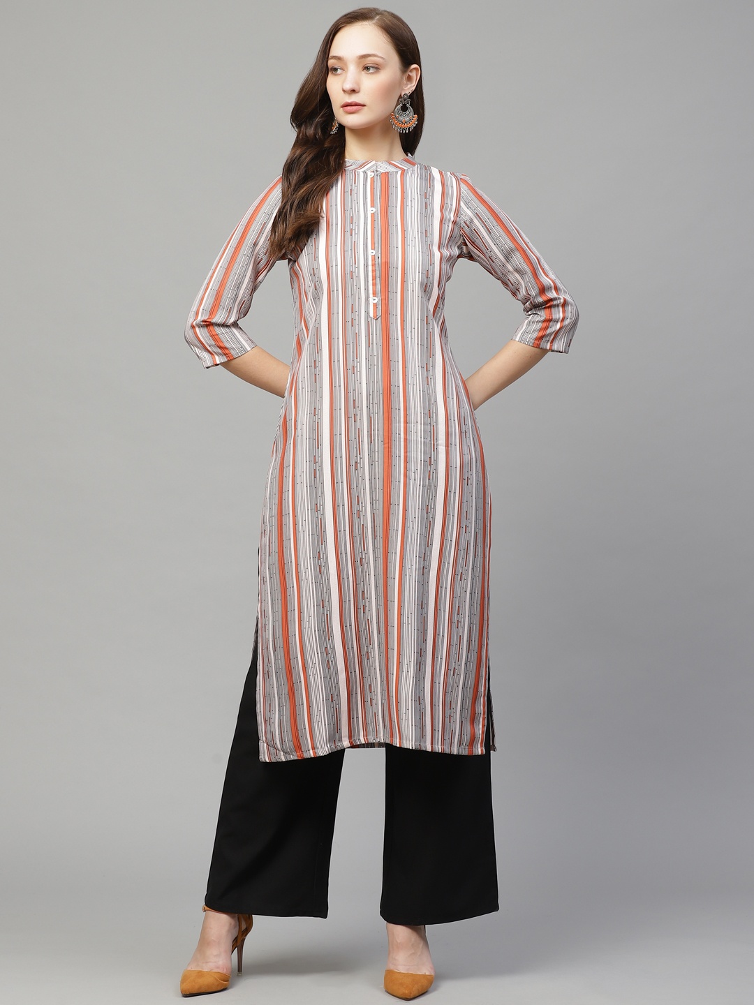 

ZIYAA Women Off-White & Black Striped Straight Kurta & Palazzos with Screen Print