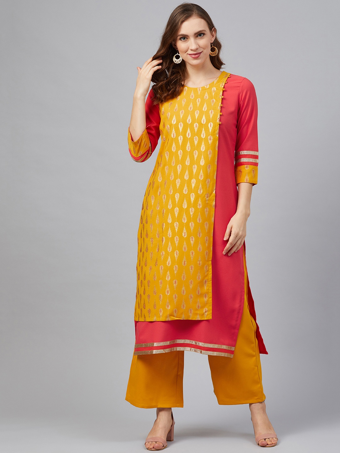 

ZIYAA Women Mustard Yellow & Coral Red Foil Print Layered Kurta with Palazzos