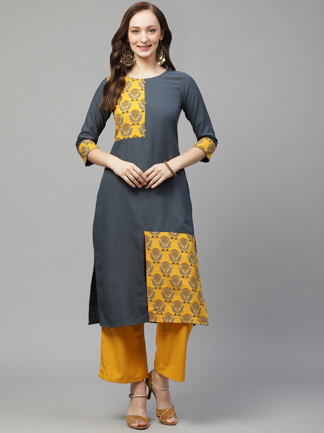 

ZIYAA Women Charcoal Grey & Mustard Yellow Khari Printed Kurta with Palazzos