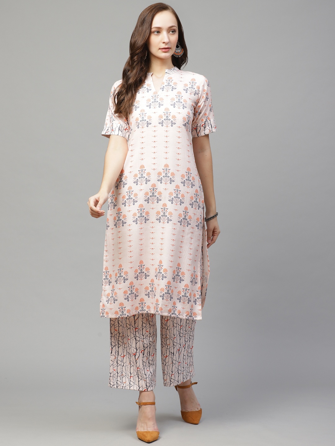 

ZIYAA Women Beige & Navy Blue Ethnic Printed Kurta with Palazzos