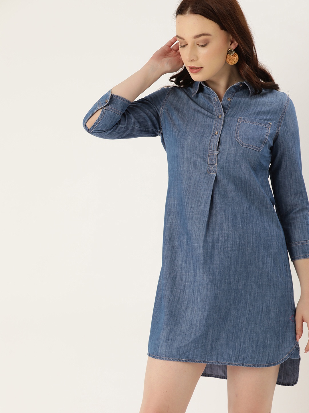 

Lee Cooper Women Blue Solid High Low Denim Shirt Dress