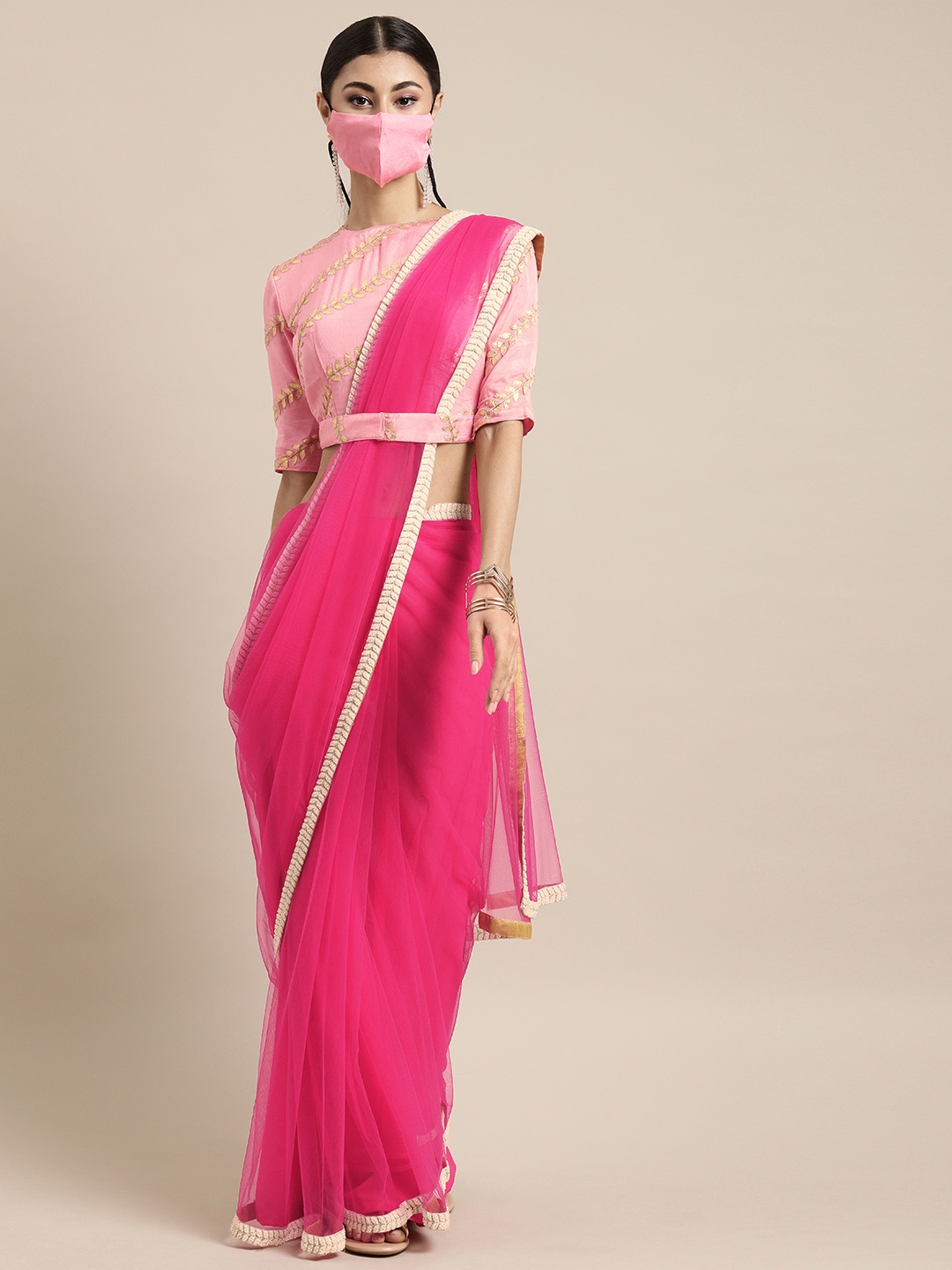 

Ethnovog Pink Solid Net Made To Measure Saree