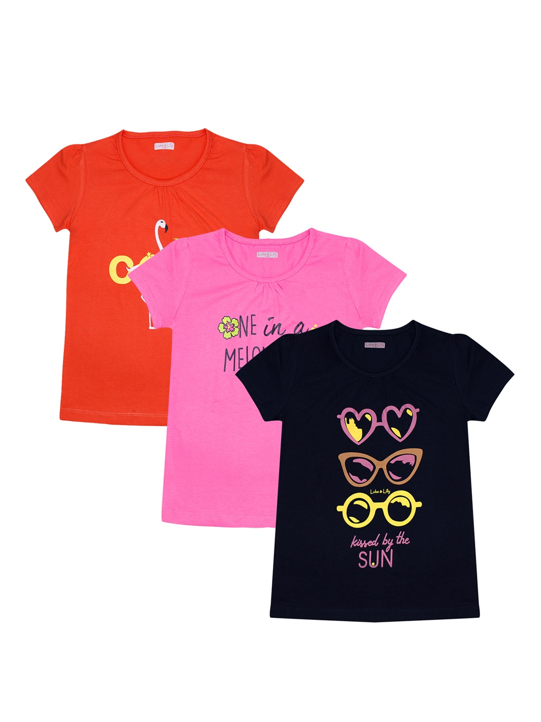 

Luke Lilly Girls Pack of 3 Printed Round Neck Pure Cotton T-shirts, Red