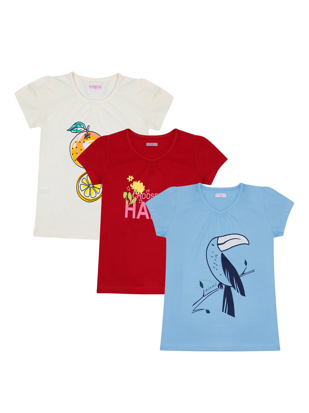 

Luke Lilly Girls Pack of 3 Printed Round Neck Pure Cotton T-shirt, Red