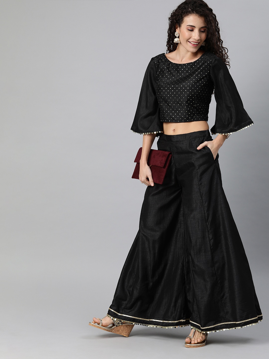 

Inddus Women Black & Silver-Toned Embellished Top with Palazzos