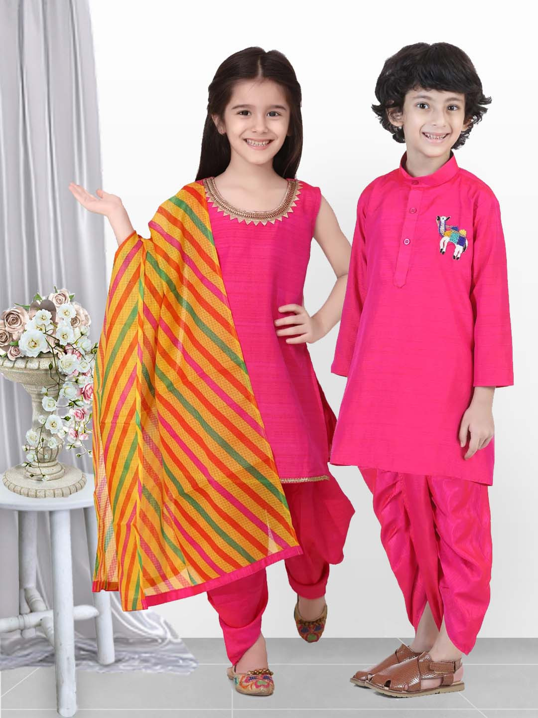 

BownBee Girls Pink & Yellow Embroidered Kurti with Dhoti Pants & Dupatta
