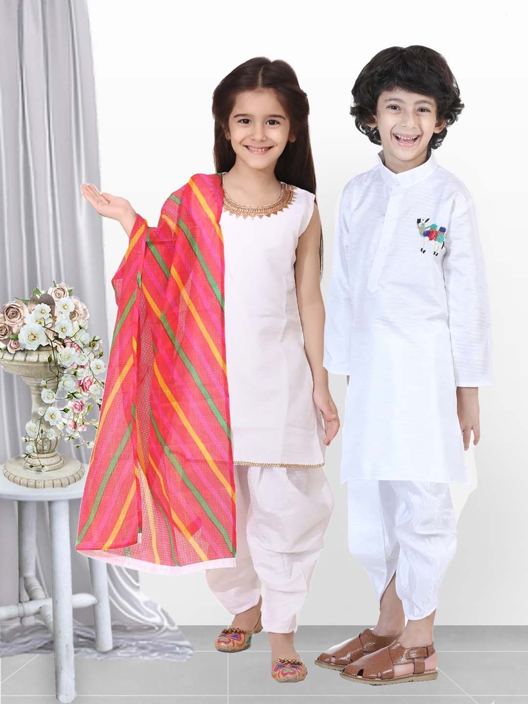 

BownBee Girls White Solid Kurta with Dhoti Pants & Dupatta