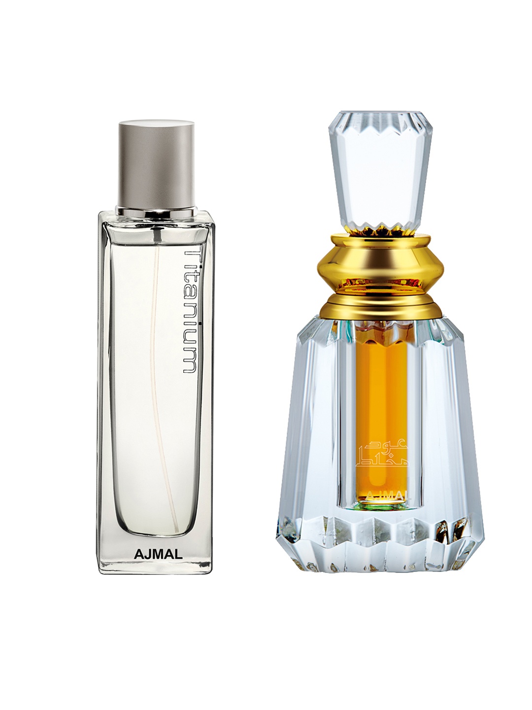 

Ajmal Unisex Set of Titanium EDP 100 ml & Oudh Mukhallat Attar Perfume 6 ml, Gold