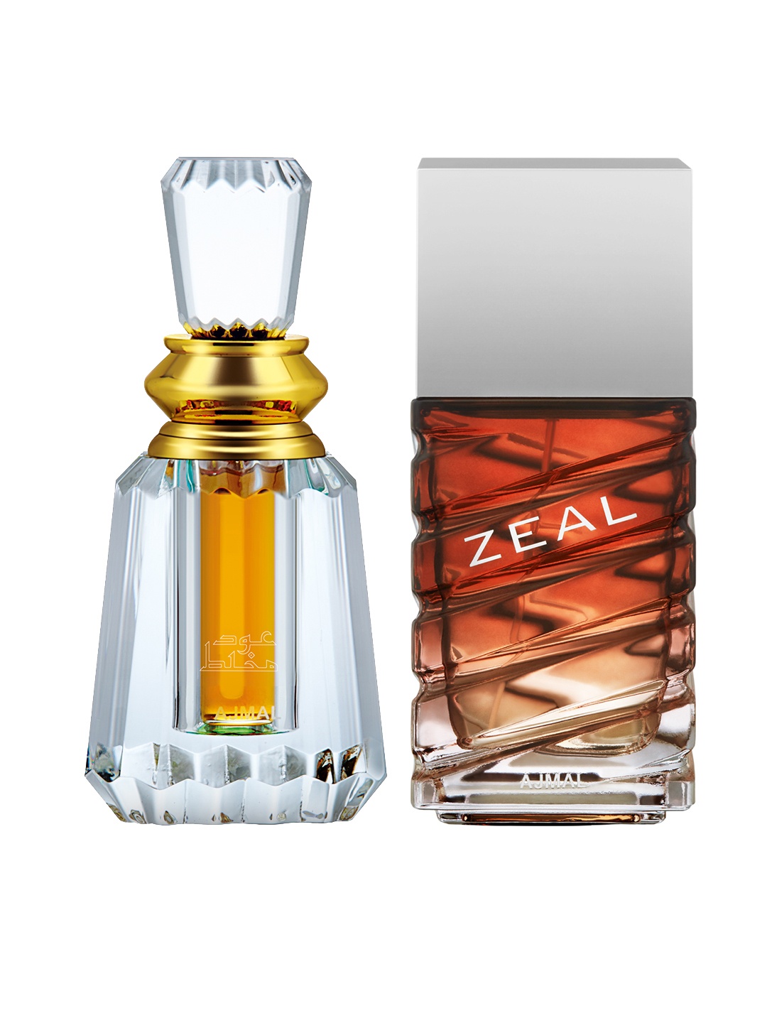 

Ajmal Unisex Set of 2 Zeal EDP Perfume Scent 100ML & Oudh Mukhallat Attar 6ML, Gold