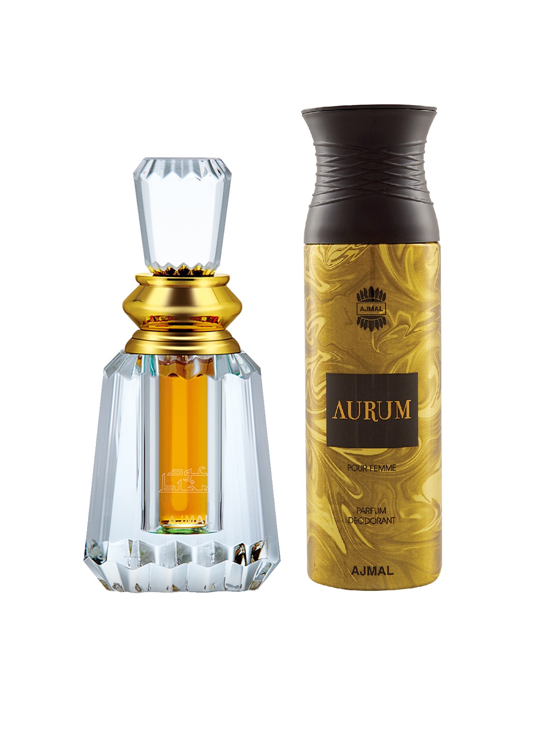 

Ajmal Unisex Set of 2 Oudh Mukhallat CP Attar 6ml & Aurum Deodarant Body Spray 200ml, Gold