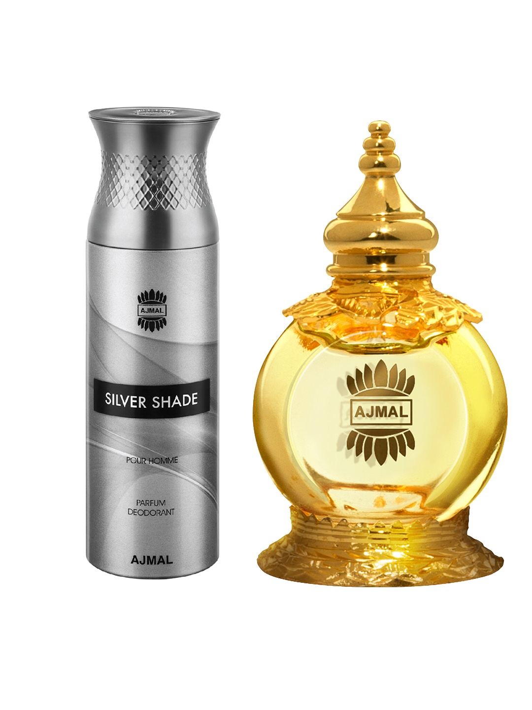 

Ajmal Unisex Set of 2 Mukhallat Al Wafa CP 12ML & Silver Shade Deo 200ml, Gold