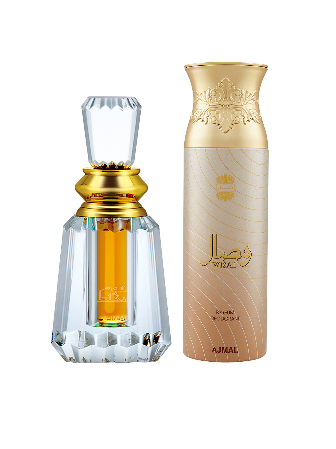 

Ajmal Unisex Set of Oudh Mukhallat Attar Perfume 6 ml & Wisal Deodorant 200 ml, Gold
