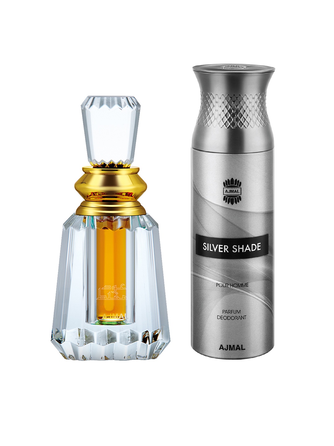 

Ajmal Unisex Set of 2 Oudh Mukhallat Attar 6ml & Silver Shade Deodarant Body Spray 200ml, Gold