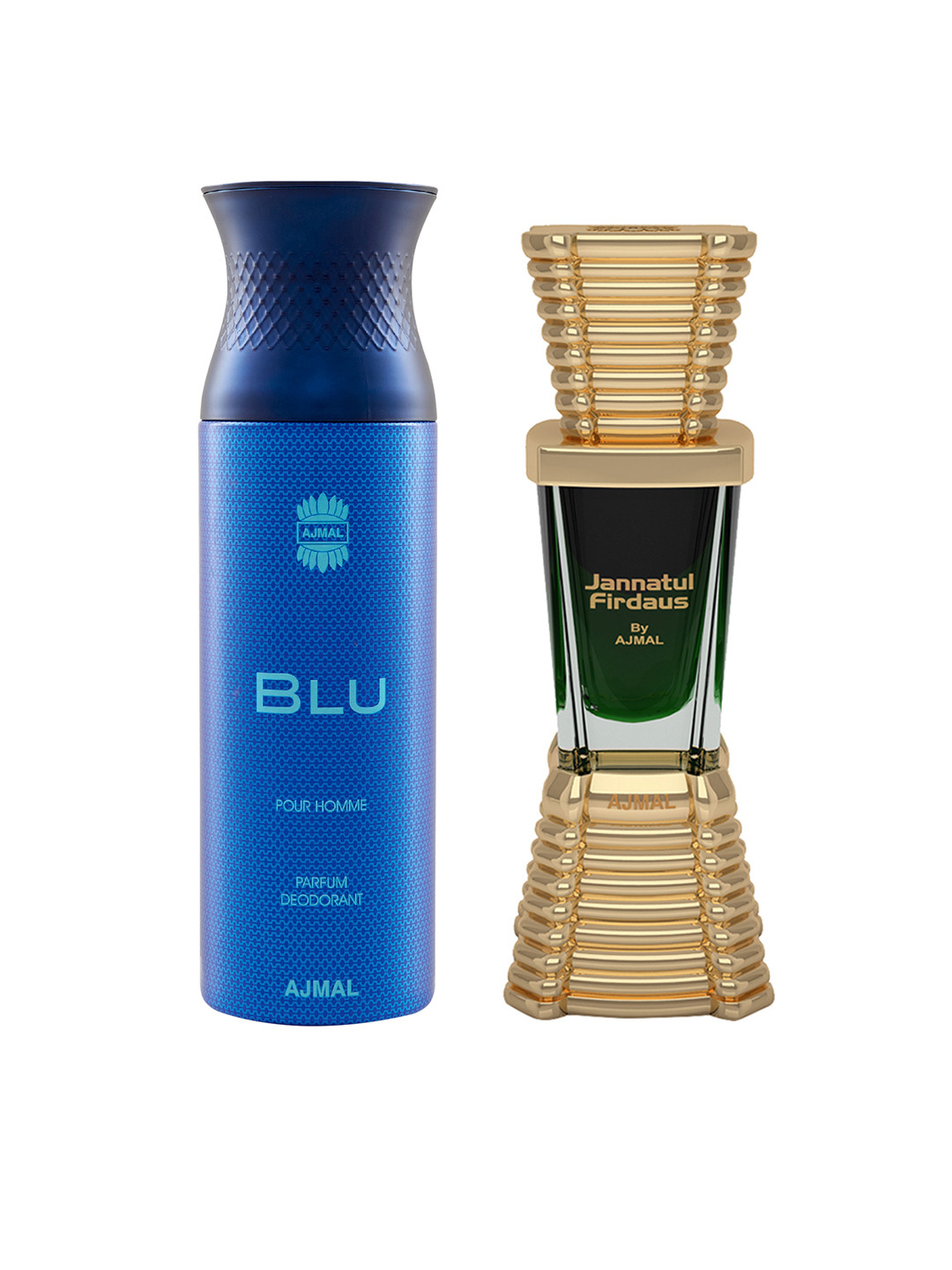 

Ajmal Set Of Jannatul Firdaus Oriental Perfume & BLU Perfume Deodorant, Gold