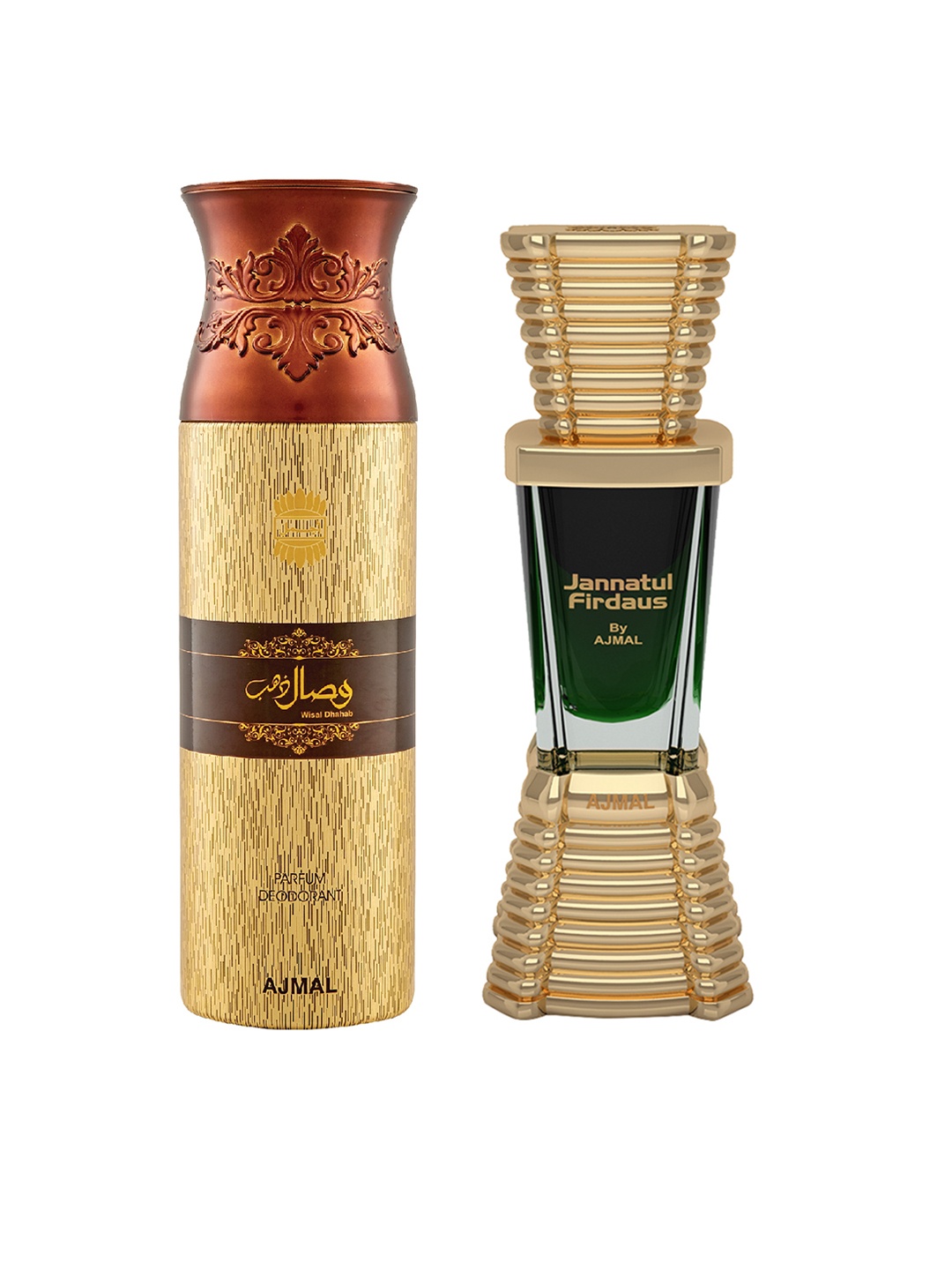 

Ajmal Unisex Set Of 2 Jannatal Firdaus Attar 10ML & WisalDhahab Deodorant Body Spray 200ML, Gold
