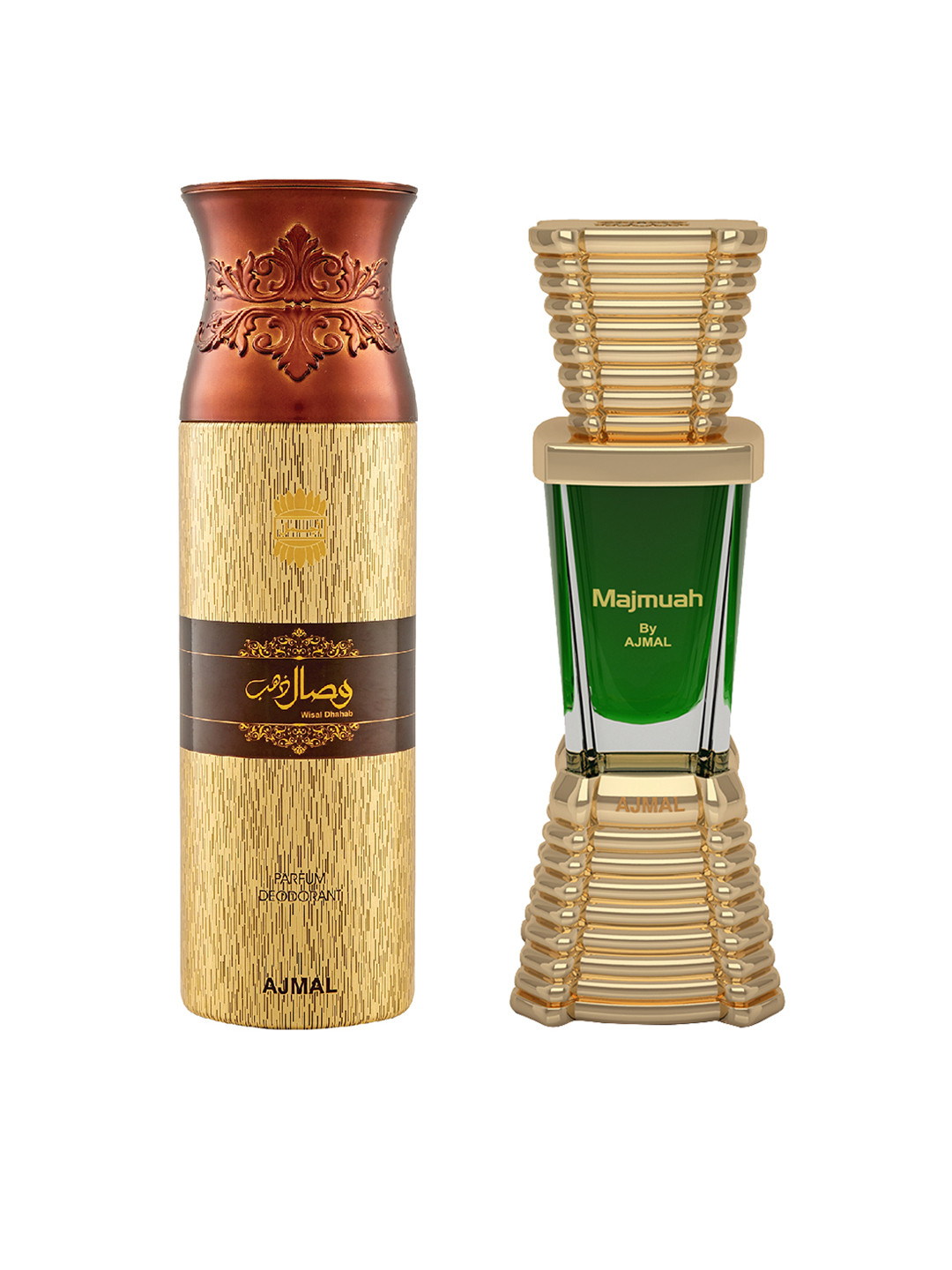 

Ajmal Set of Unisex Majmua Concentrated Perfume & Men Wisal Dahab Perfume (10 ml+200 ml), Gold