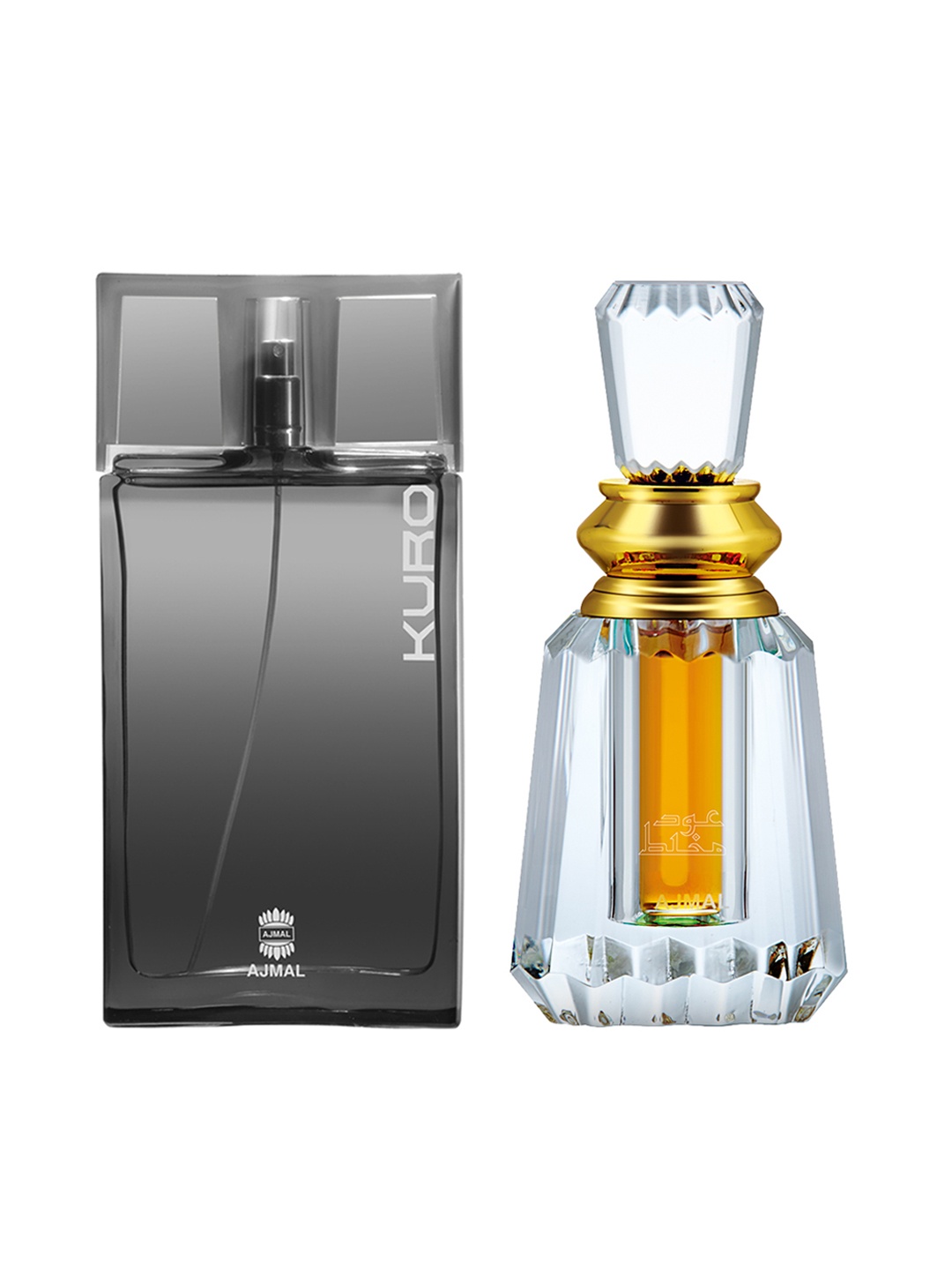 

Ajmal Unisex Pack of 2 Kuro EDP Perfume Scent For Skin 90ML & Oudh Mukhallat Attar 6ML, Gold
