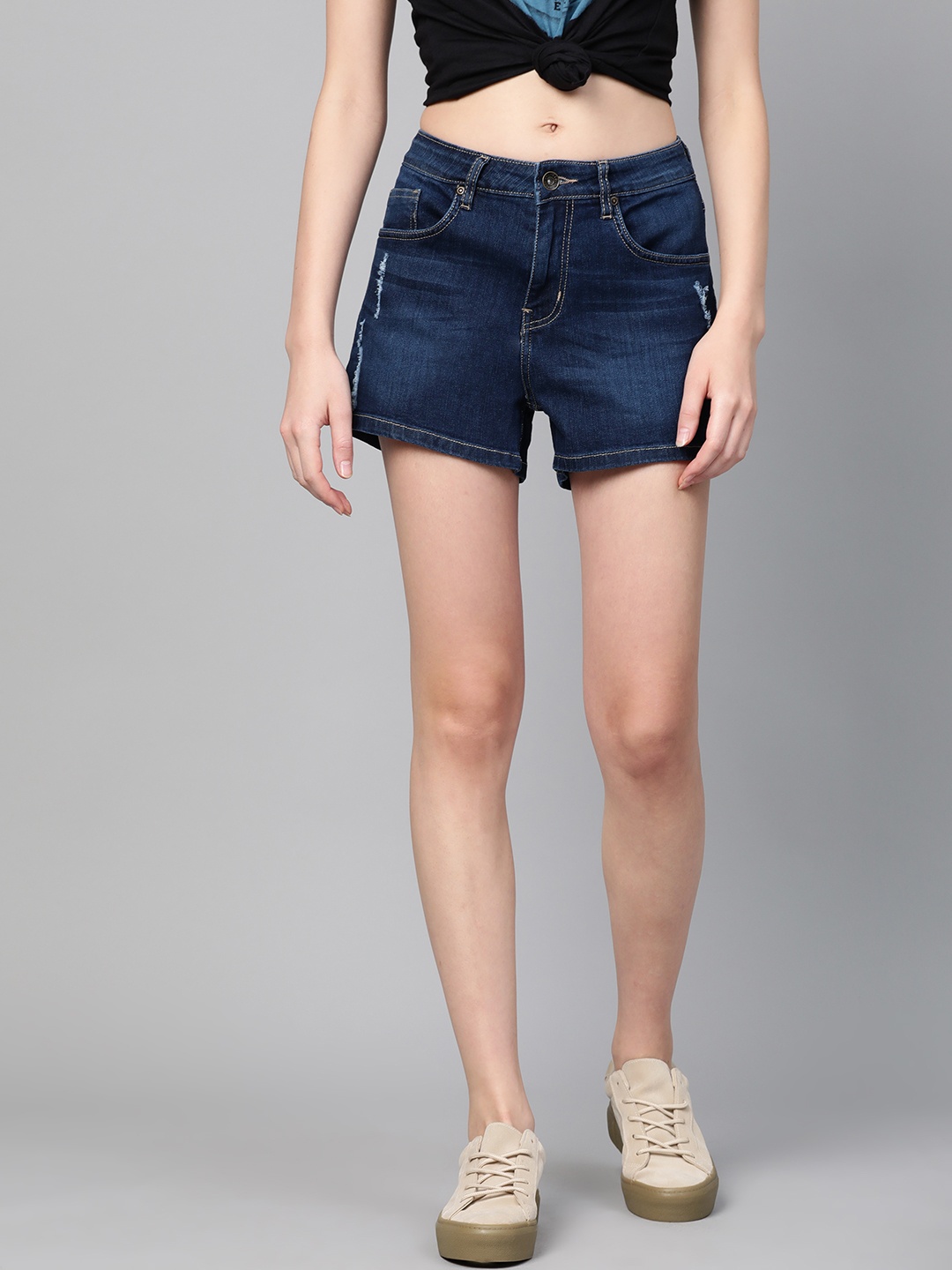 

Roadster Women Navy Blue Washed Regular Fit Distressed Denim Shorts