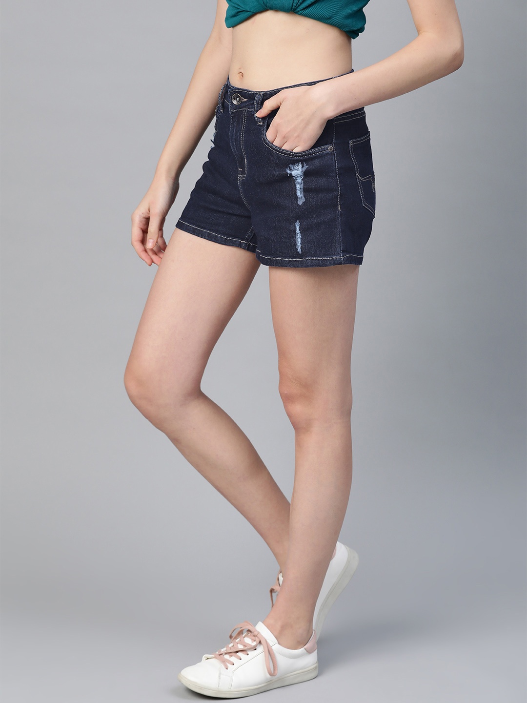 

Roadster Women Navy Blue Distressed Regular Fit Denim Shorts